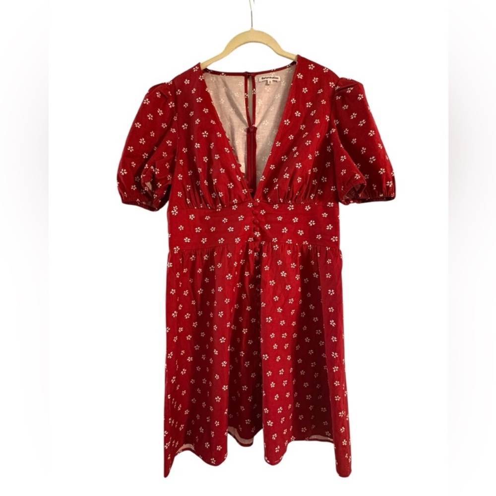 Reformation Red Floral Puff Sleeve Midi Dress Size 10
